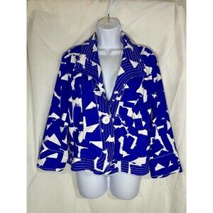 London Blue & White Abstract Print Jacket Blazer Petite Medium PM Stretch